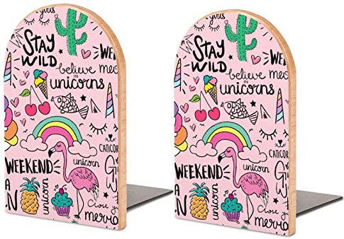 Lot de 2 Serre-Livres en Bois avec Alphabet Rose, Licorne et Flamant Rose pour étagères, Serre-Livres antidérapants pour Bureau, Maison, Cuisine, Serre-Livres pour Ranger des Livres 12,7 x 7,6 cm