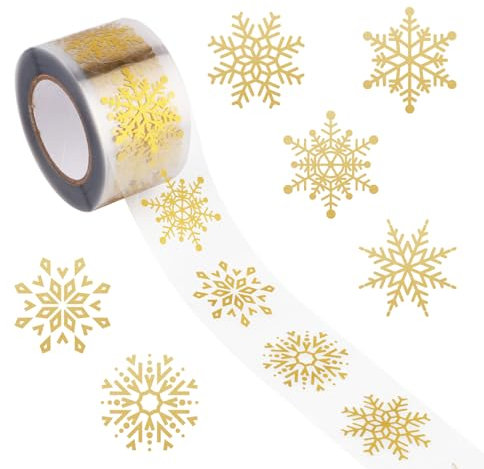 500 Stück Transparente Schneeflocken Aufkleber, Rolle Transparente Weihnachtsaufkleber mit Goldfolie Schneeflocken Aufkleber für Weihnachtsumschläge Geschenke Dekoration