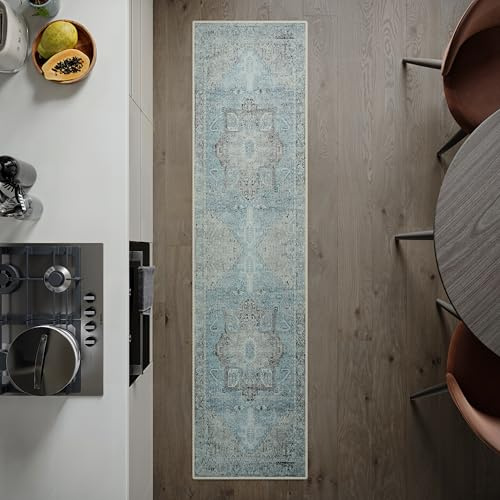artyrugs Waschbarer Teppich, 60x240cm, 75% Recycelte Baumwolle, Kurzer Flor, rutschfeste Rückseite, Fusselt Nicht, Teppiche für Schlafzimmer, Küche, Flur, Büro, Hellblau & Silber