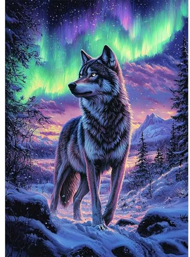 DOMROM Wolf Diamond Painting, Landschaft Diamond Painting Erwachsene Kinder Tier Diamond Painting Set, Aurora Diamant Malerei Kit Diamond Art Erwachsene für Home Wand Dekor 30x40cm