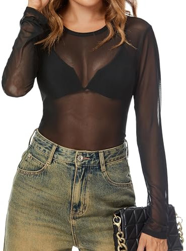 IECCP Black Mesh Top Women Sexy See Through Round Neck Sheer Tight Lace Top for Party Club Concert Going Out Black L