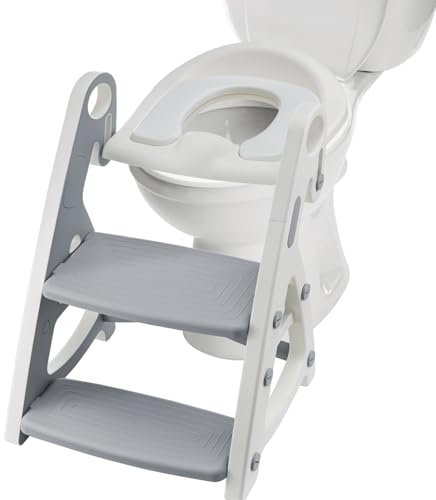 CROWNSHOP Toilet Seat Potty Training Kids Adjustable Potty Ladder Seat for Toilet Training with Steps Handle Soft Cushion Design 2 in 1 Potty Training Toilet Seat (Gray)