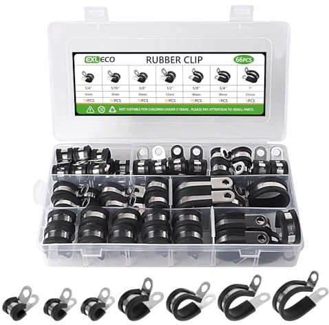 EXLECO 66 pcs Kabelschellen zum Schrauben Kabelklemmen Edelstahl Kit Gummi P Clips Rohrschellen mit Gummieinlage Schellen mit Gummi Leitungsschelle für Rohr Leitung 6mm 8mm 10mm 13mm 16mm 19mm 25mm