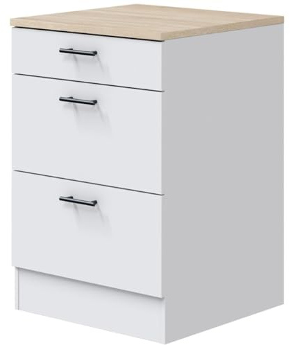 PEGANE Meuble Bas de Cuisine de 3 tiroirs avec Plan de Travail Coloris Blanc Brillant/chêne Canadien - Hauteur 90 x Longueur 60 x Profondeur 60 cm