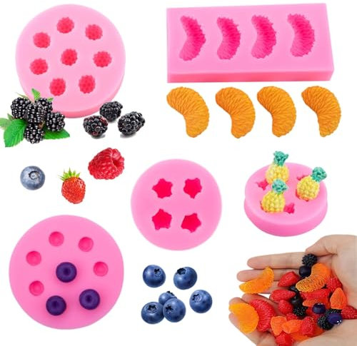 5 PièCes Moule Silicone Fruits Moules Chocolat 3D Mini Ananas Fraise Orange Myrtille MûRe Moule Fruits pour Chocolat GeléE de GâTeau DéCoration Bougie Outil Bricolage