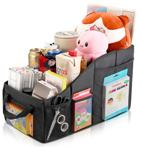 Zikenis Organizer Auto,Pieghevole OrganizzatoreSedili Auto,sedile posteriore,con maniglie divisorie e numerose tasche a rete, per giocattoli, libri, snack (nero)