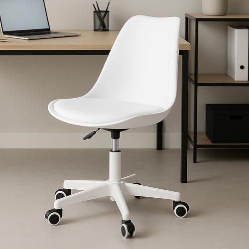BAKAJI Sedia da Ufficio Scrivania Ergonomica Design Moderno con Altezza Regolabile e Cuscino Imbottito ad Alta Densità, Seduta Girevole con Ruote Piroettanti, Ideale per Casa, Studio (Bianco)