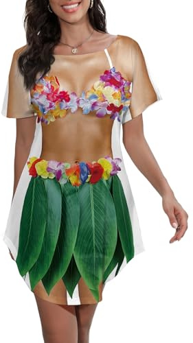 Seizesoul Damen Hawaii Funny Bikini Shirt Cover Up Kurzarm Strand Luau Party Baggy Body Bedrucktes T-Shirt Kleid