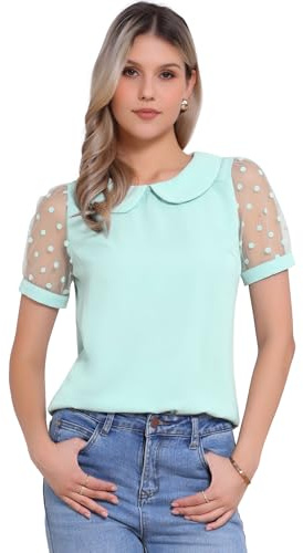 Allegra K Women's Peter Pan Collar Tops Vintage Polka Dots Mesh Short Sleeve Blouse, Light Green, S