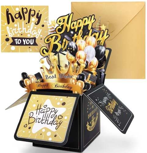 YianHien Geburtstagskarte Pop Up, Schwarzes Gold Geburtstagskarte 3D zum 18 20 30 40 50 60 70 80 90 100 Geburtstag Frauen und Männer, Exquisit Pop Up Karte Geburtstag mit Umschlag, Happy Birthday