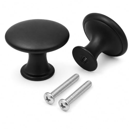 QZKJQDD 2 Pack Cabinet Knobs, Single Hole Cupboard Knobs, Aluminum Alloy Cabinet with Screws, 30mm Round Furniture Door for Kitchen Wardrobes Bathroom Home Decoration (Black)