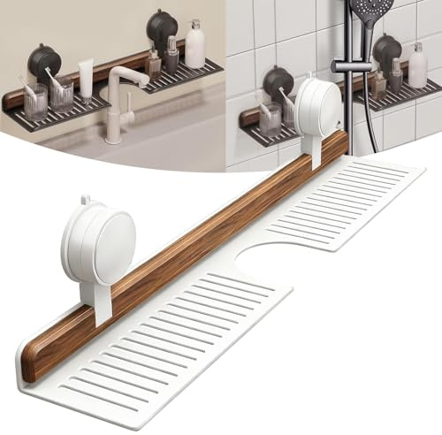 Explcior Luxe Sink Suction Organizer, No Drill 20 Inch Bathroom over Sink Shelf, Adhesive Wall Shelf for Bathroom Storage Organizer, Holds 5lb on Tile/Glass/Mirror, Removable Wood Rack(White 50cm)