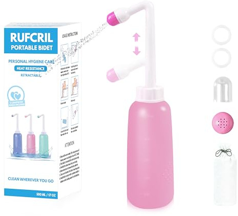 RUFCRIL Portable Bidet with Telescopic Extendable Nozzle, Travel Bidet Bottle 500ml, 2 Leak-Proof Sealing Rings, for Postpartum Perineal Care, Feminine Hygiene, Hemorrhoid Relief, Personal Cleaning