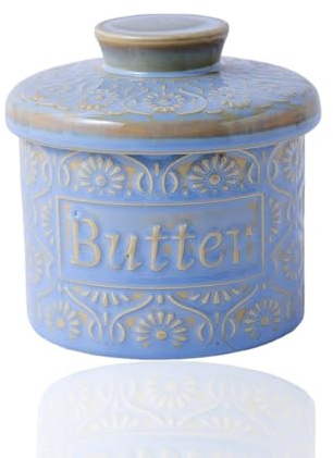 HIKENRI French Butter Dish with Lid,Ceramic Butter Dish,Decorative Circular Butter Container for Your Counter,for Salad Dressing,Jam,Nuts(Blue/4.5*4.5IN)