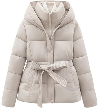 Winterjacke Damen Elegant Steppjacke Kurz Wintermantel Übergangsjacke mit Gürtel Hoody Jacke Einfarbig Mantel Warm Steppmantel Reißverschluss Daunenjacke Winter Kurzjacke Dicke Damenjacke Outwear