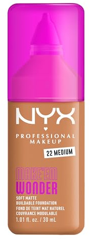 NYX Professional Makeup Make 'Em Wonder Foundation, 24H Soft Matte Aufbaubare Foundation, Mit hoher Deckkraft, Mattes Finish, 22 Medium