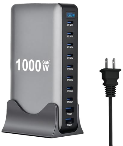 1000W USB C Schnellladeblock, 10 Ports GaN IV Pro USB Chagring Station, 140W PD QC HUB für mehrere Geräte, Laptop Adapter Kompatibel mit MacBook Pro/Air iPad iPhone Pro Max, Galaxy, Dell, HP