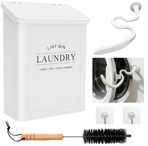 Magnetic Lint Bin, GWHMYD Lint Bin with Washer Door Prop and Brushes, Wall Mounted Metal Box Holder Trash Can with Lid for Dryer Laundry Room Organization