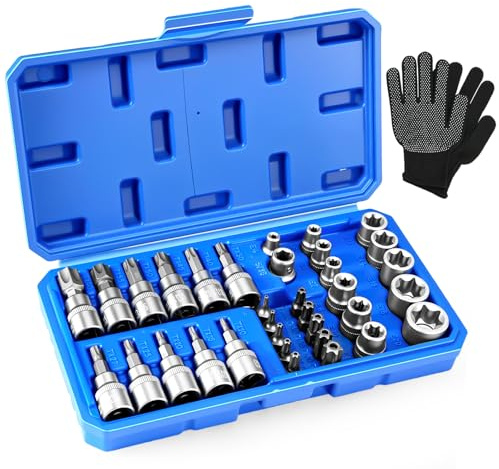 Ghekkli 34 Pièces Coffret Professionnel Douilles Torx Femelle/Mâle, Embouts Torx Étoile E4-E20 & T10-T60, Embouts en Acier S2, Pour Mécanique Auto, Bricolage et Réparations