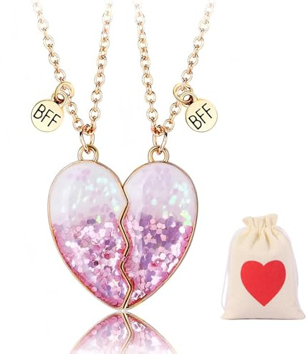 THXFUNAREA Porte-Clés Amitié BFF pour 2 – Cœur Brisé Magnétique Rose Pailleté, Lot de Deux Porte-Cles Meilleure Amie avec Pochette Cadeau, Bijou Symbolique pour Filles et Amies