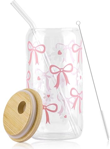 Bow Glass Cup Set, 500ml Can Shaped Glasses with Airtight Bamboo Lids Iced Coffee Cup Set Elegant Bubble Tea Cups Elegant Transparent Cute Coffee Cups Aesthetic Gifts for Women Girls Friends (pink)