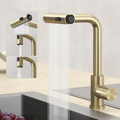 Mai & Mai Küchenarmatur mit ausziehbarer Brause, Gebürstet gold | Wasserhahn Küche 360°Schwenkbar, 3 Wasserstrahl-Modi, Mischbatterie, Spültischarmatur aus Edelstahl Turnix-02