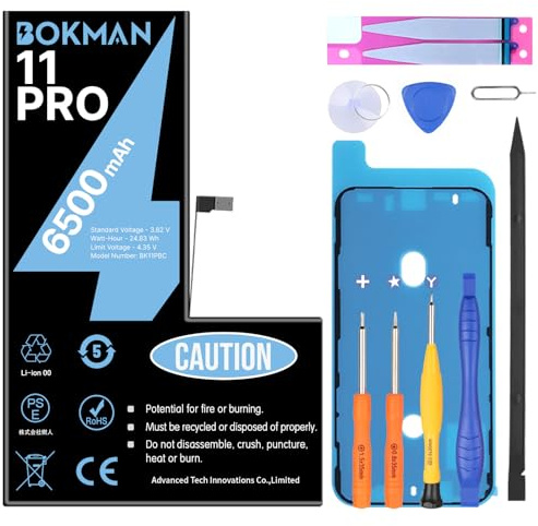 bokman Batteria per iPhone 11 Pro, Batteria Interna di Ricambio ad Alta Capacità con Kit di Riparazione, Strumenti e Strisce Adesive, Compatibile A2160 A2215 A2217