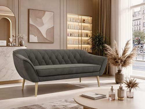 MKS MEBLE Sofa PIRS 3-Sitzer - Skandinavisches Design Couch, Gesteppte Polsterung, Wellenfederung, bequemes Polstersofa für Wohnzimmer - Buche Beine, Dunkelgrau Velvet
