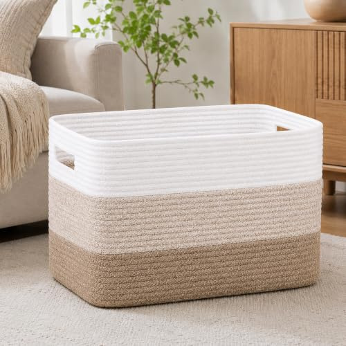 Huglux Woven Laundry Basket 72L Cotton Rope Laundry Basket with Handles | 72L Cotton Rope Storage Basket for Laundry, Blankets, Toys & Towels, Ideal for Living Room, Nursery, Bedroom & Bathroom