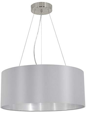 EGLO Pendellampe Maserlo, 3 flammige Textil Pendelleuchte, Hängeleuchte aus Stahl und Stoff, Farbe: Nickel matt, grau, silber, Fassung: E27, Ø: 53 cm