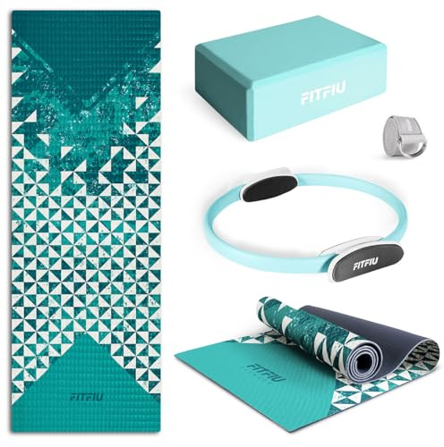 Fitfiu Fitness KITWELL-500 Pack di 5 Accessori Yoga Pilates Colore Blu con Tappetino, Blocco, Ruota, Cinghia e Palla Include Guida di Esercizi Wellness