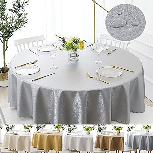 Lsimeru PVC Tischdecke Abwaschbar Rund 200cm Grau Fleckenabweisend Lotuseffekt Tischtuch Draussen Wasserabweisend Jacquard Blumen Tafeltuch Wachstuch