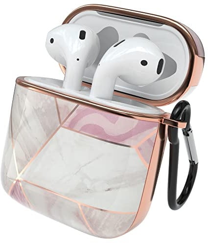 EAZY CASE - Schutzhülle für AirPods 1 & 2 Hülle Pink Hard Case Stoßfest mit Karabiner geeignet als Schlüsselanhänger Antikratz Etui rutschfest Hardcase für Airpod 2. / 1. Generation Rosé Marmor Design