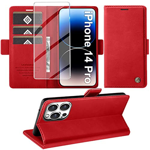Giyer Handyhülle für iPhone 14 Pro Hülle mit Schutzfolie, Standfunktion Kartenfach Wallet Premium Leder Schutzhülle für iPhone 14 Pro 5G 6.1 Zoll Flip Case Cover Stoßfeste Klapphülle (Rot)