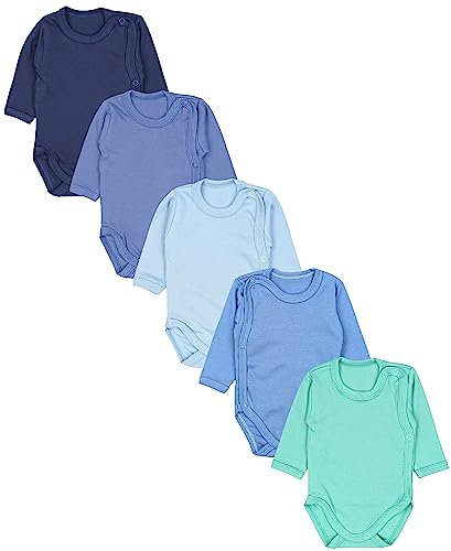 TupTam Wickelbody Langarm Baby Body – Unisex Body Baby im 5er Set aus Baumwolle, Farbe: Dunkelblau Jeans Blau Mintgrün, Größe: 50