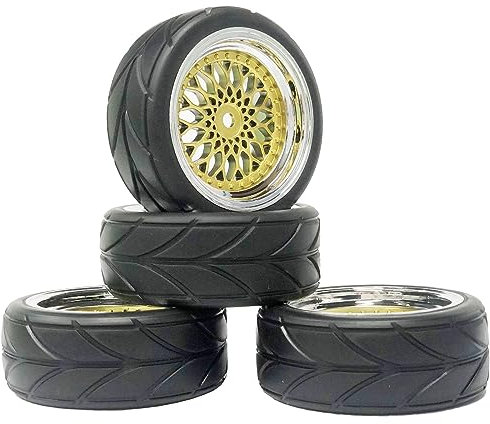 KEEDA RC Auto Reifen und Räder Set, 64mm Gummireifen & 12mm Hex Kunststoff Rad für 1/10 RC On-Road Touring Racing Auto (Gold)