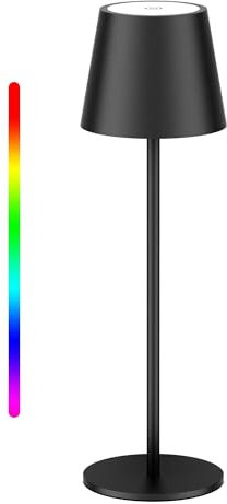 Aipsun Dimmbare LED Akku Tischlampe Schwarz, 5000mAh, led tischleuchte kabellos, Touch Dimmbar 8 Farben warme 3000K+ RGB tischlampe, Aluminium, USB-C, IP54, für den Innen und Außenbereich