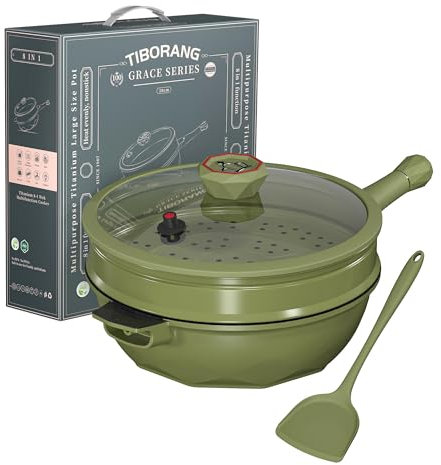 TIBORANG 8 in 1 Multipurpose 11 Inch 5 Quart Heat Indicator Nonstick Deep Frying Pan with Glass Lid,Steamed Grid,PFOA-Free,Dishwasher&Oven Safe, Olivedrab