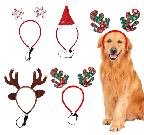 Sporgo Coiffe de Noël pour chiens : 4 pièces de Noël en bois de renne coiffe élan couvre-chef serre-tête, bandeau de Noël réglable pour animaux de compagnie accessoires de costume de Noël pour chiens