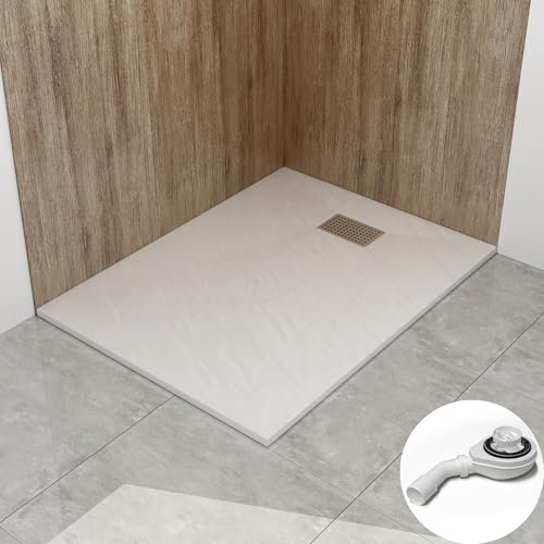 WITEN&NOCK Duschwanne 100x90 cm SMC Brausewanne Weiß Steinoptik Duschtasse Extraflach Anti-Rutsch mit Ablaufgarnitur und Edelstahl-Abflussrinne