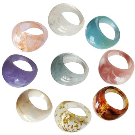 LALADEFIEE 9Stücke Teiliges Bunte Finger Ringe Harz Stilvolle und Fingerringe für Damen Bequeme und Langlebige Finger Dekoration Schmuckkollektion