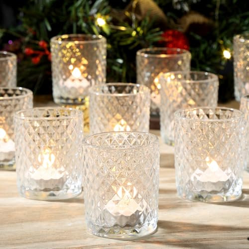 Ligtmor 12 Pack transparent tealight cups, dotted glass tealight holders with embossed dot pattern, romantic vintage candle holders, clear tealight glasses, bohemian style decor