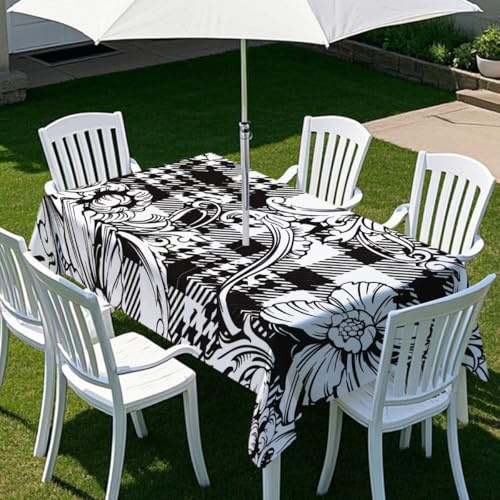 Chickwin Rechteckig Tischdecke Wasserdicht Outdoor Gartentischdecke mit Schirmloch und Reißverschluss, 3D Retro-Karomuster Abwaschbar Tischdecke für Terrasse, Party, BBQ (Schwarz Weiß 2,260x150cm)
