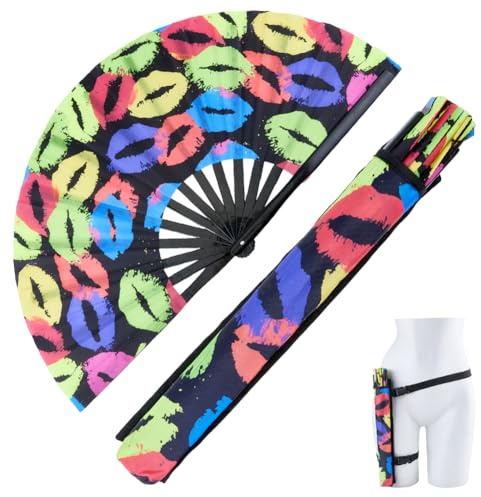 CREATCABIN Large Rave Fan UV Folding Glow Adjustable Bamboo Hand Fan with Bags Belt for Men Women Summer Line Dance Parties Music Festivals Club Performance Accessories Decoration(Lip)