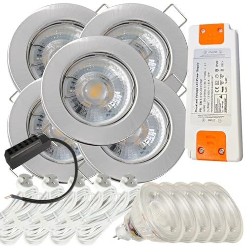 5 Stück LED Einbaustrahler Tom 12V 3W IP20 Edelstahl gebürstet | Warmweiß 3000K, 250lm | inkl. Trafo & MR16-Fassung mit 120cm AMP-Kabel | Für Küche und Wohnbereich | Ideal zur LED-Umrüstung
