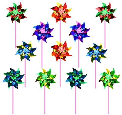 100 Pieces Rainbow Pinwheel 35cm Holographic Colorful Wind Spinners Reflective Bird Repellent Windmills DIY Pinwheels Set Party Decorations for Indoor Outdoor Garden Yard Lawns Courtyards Color Random