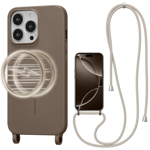 UCASONG Magnetic Case for iPhone 16 Pro with Lanyard, Brown | Compatible with MagSafe, Crossbody Liquid Silicone Case, Soft Shockproof Protective Cover, with Adjustable Neck Cord Strap