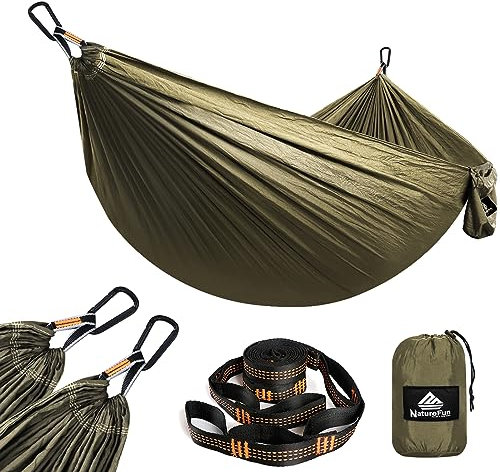 NATUREFUN Hamac Ultra-léger de Voyage Camping | 300 kg Capacité de Charge,(275 x 140 cm) Nylon à Parachute| 2 x Mousquetons de qualités, 2 x Sangles de Nylon| pour Jardin d'interieur/extérieur
