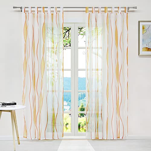 ESLIR Gardinen mit Schlaufen Vorhänge Gardinenschals Transparent Schlaufenschal Wellen Muster Voile Orange BxH 140x175cm 1 Stück