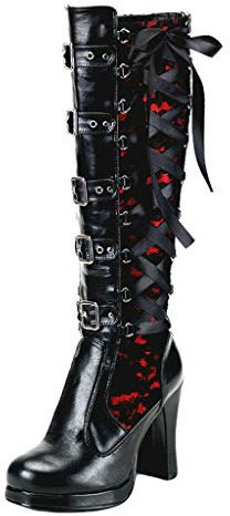 SoonerQuicker Bottes à talons hauts pour femme - Talon bloc - Bottes à lacets en cuir - Steampunk gothique vintage cosplay, Rouge, 39.5 EU